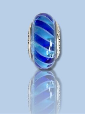 PANDORA Sterling Silver Teal & Blue Murano Glass Stripe Bead Charm Retired